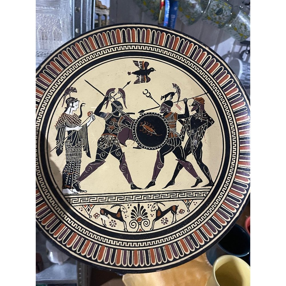 Vintage Terracotta Pottery Plate Hand Painted Warrior Scene Made in Greece